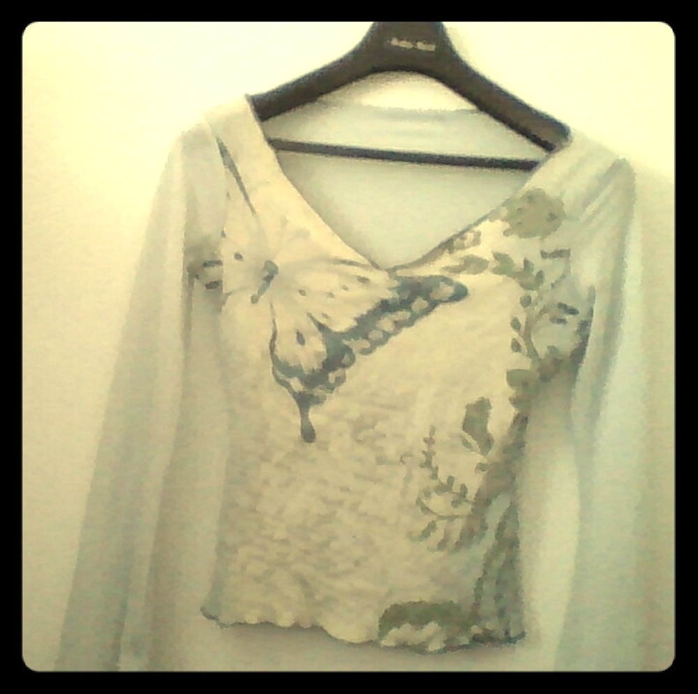 Retro Flared-Sleeve Blue Butterfly Shirt